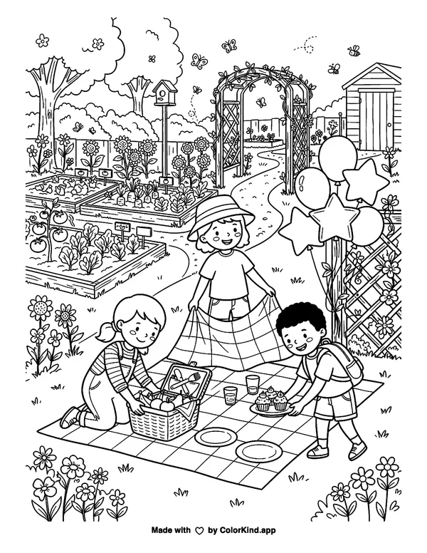 Young party helpers setting up a festive picnic in a lively community garden as clean black-and-white printable line art made by ColorKind