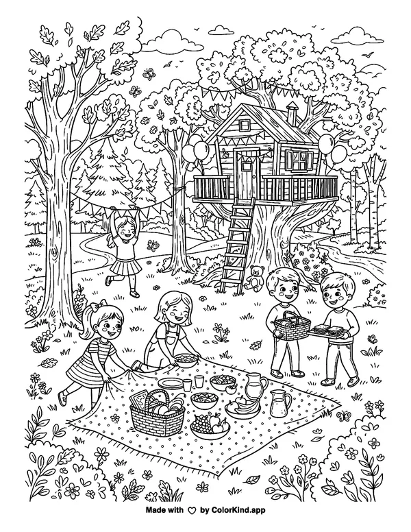 Young party helpers setting up a festive picnic near a cozy treehouse as clean black-and-white printable line art made by ColorKind
