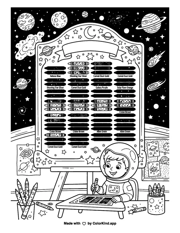 Child in astronaut costume drawing as clean black-and-white printable line art made by ColorKind