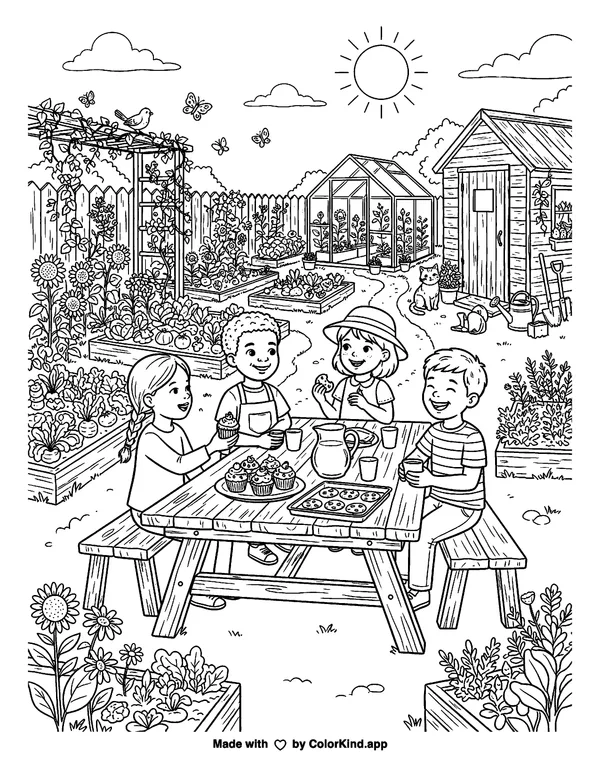 Young party helpers sharing homemade treats in a lively community garden as clean black-and-white printable line art made by ColorKind