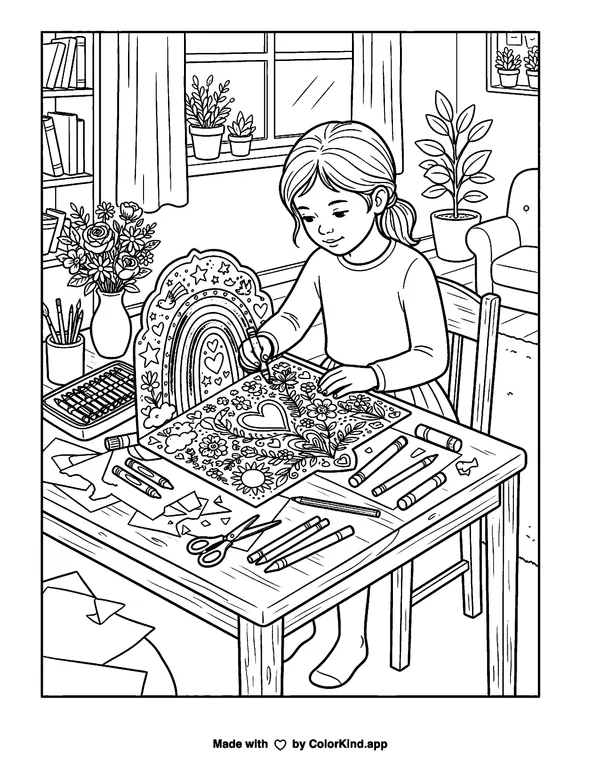 Young party helpers sharing homemade treats inside a warm storybook cottage as clean black-and-white printable line art made by ColorKind