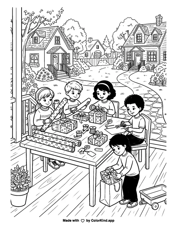 Young party helpers wrapping thoughtful gifts in a welcoming neighborhood as clean black-and-white printable line art made by ColorKind