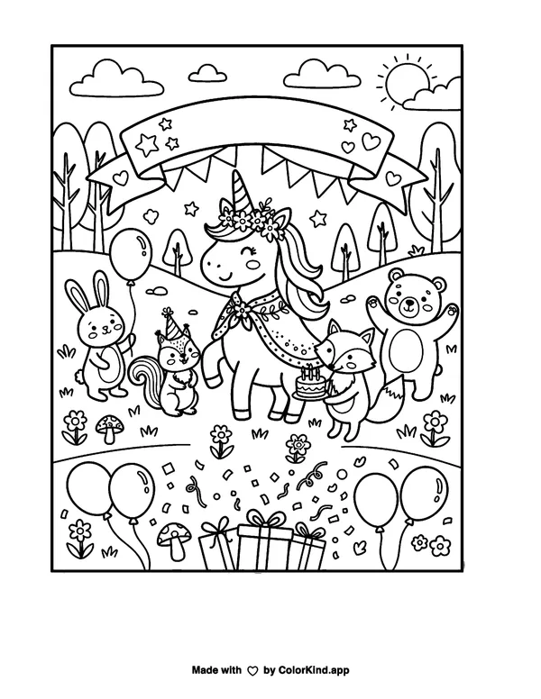 Young party helpers wrapping thoughtful gifts inside a warm storybook cottage as clean black-and-white printable line art made by ColorKind