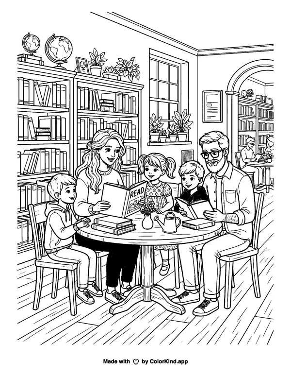 A family sharing books at the library, scene 2 as clean black-and-white printable line art made by ColorKind