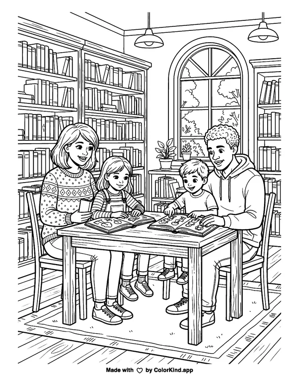 A family sharing books at the library, scene 4 as clean black-and-white printable line art made by ColorKind