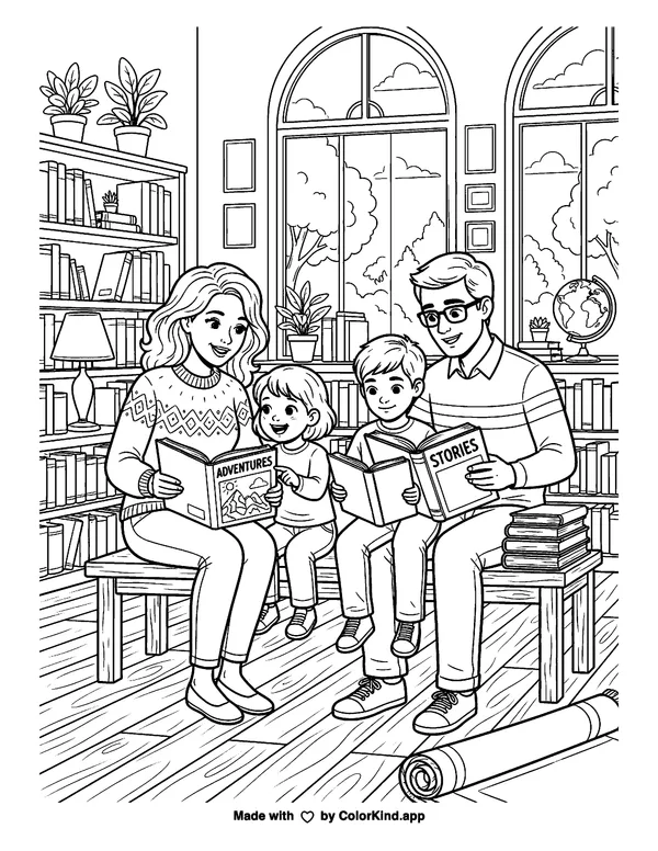 A family sharing books at the library, scene 5 as clean black-and-white printable line art made by ColorKind