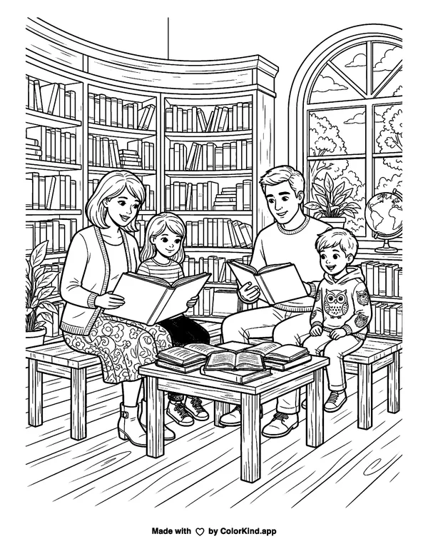 A family sharing books at the library, scene 6 as clean black-and-white printable line art made by ColorKind
