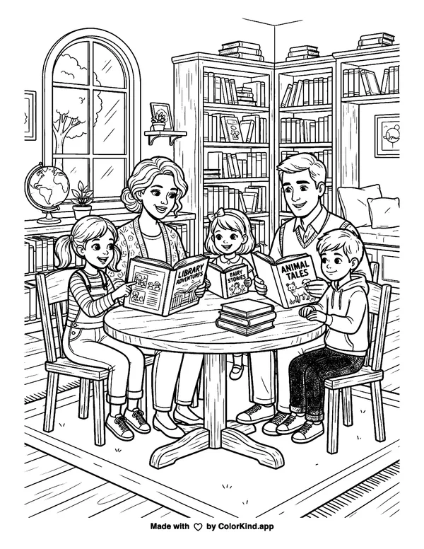 A family sharing books at the library as clean black-and-white printable line art made by ColorKind
