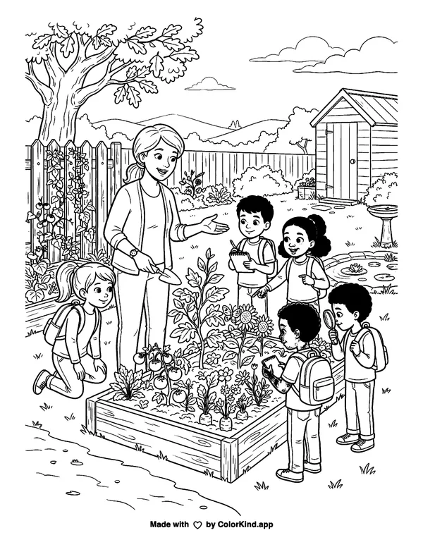 A teacher leading an outdoor science lesson, scene 2 as clean black-and-white printable line art made by ColorKind