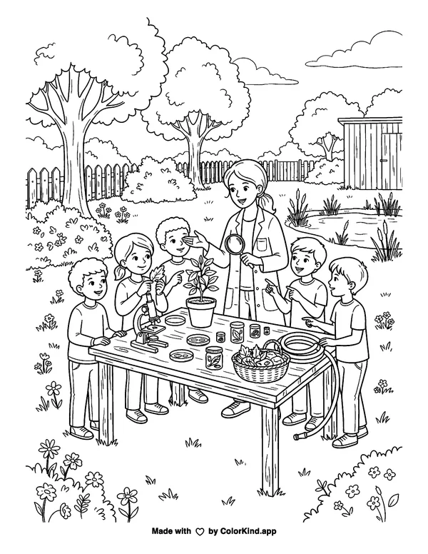 A teacher leading an outdoor science lesson, scene 3 as clean black-and-white printable line art made by ColorKind