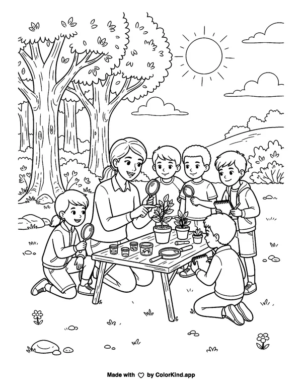 A teacher leading an outdoor science lesson, scene 4 as clean black-and-white printable line art made by ColorKind