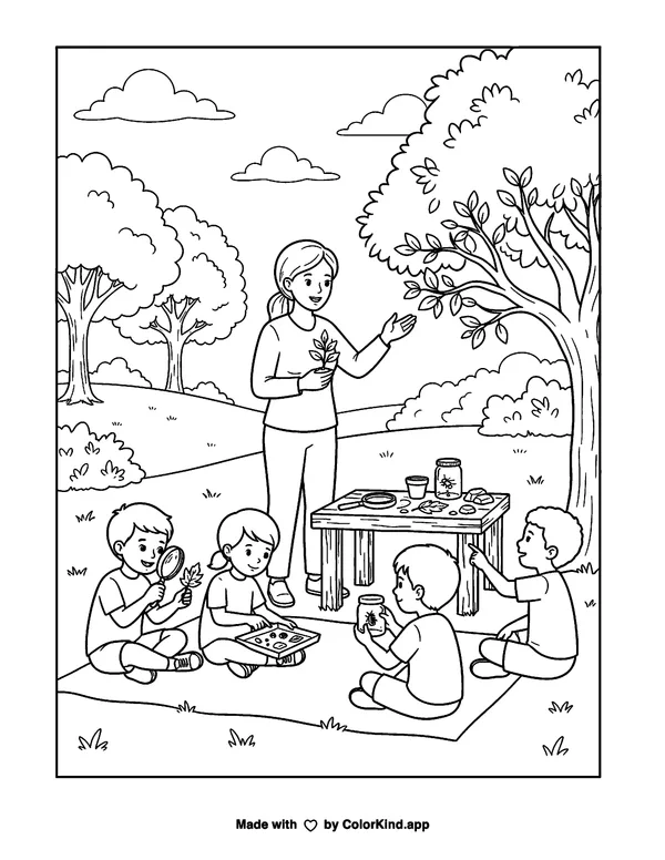 A teacher leading an outdoor science lesson, scene 5 as clean black-and-white printable line art made by ColorKind