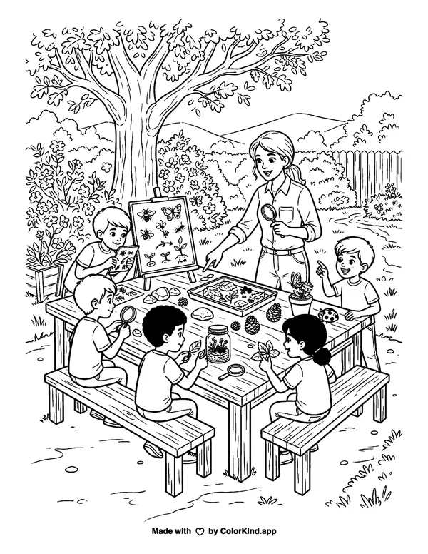 A teacher leading an outdoor science lesson as clean black-and-white printable line art made by ColorKind