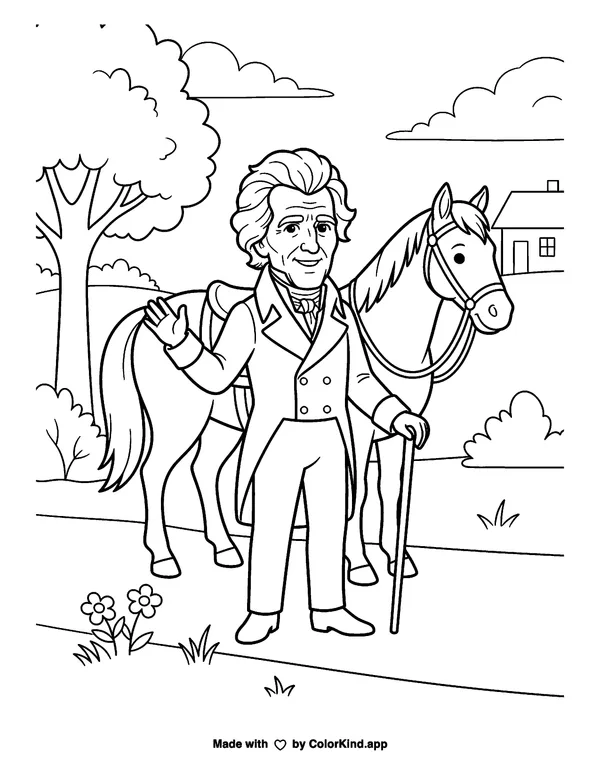 Andrew Jackson as clean black-and-white printable line art made by ColorKind