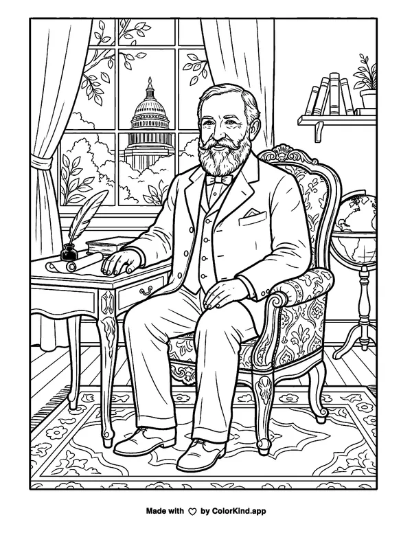 Benjamin Harrison as clean black-and-white printable line art made by ColorKind