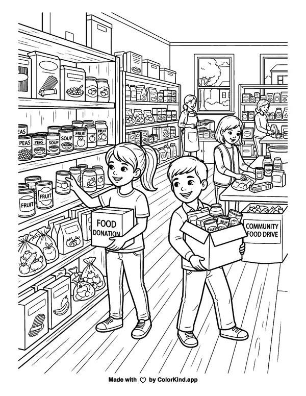 Children helping at a food pantry, scene 2 as clean black-and-white printable line art made by ColorKind
