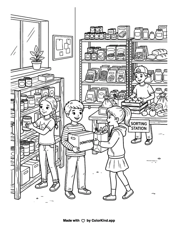 Children helping at a food pantry, scene 3 as clean black-and-white printable line art made by ColorKind