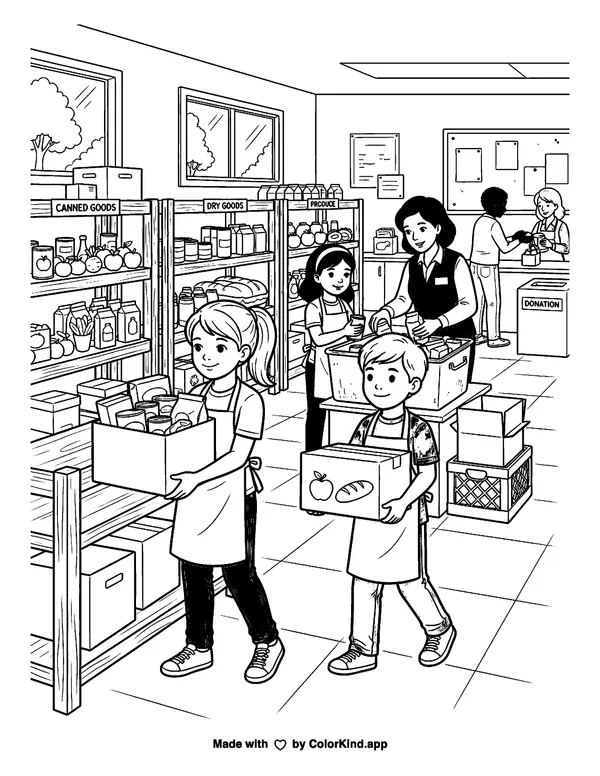 Children helping at a food pantry, scene 6 as clean black-and-white printable line art made by ColorKind