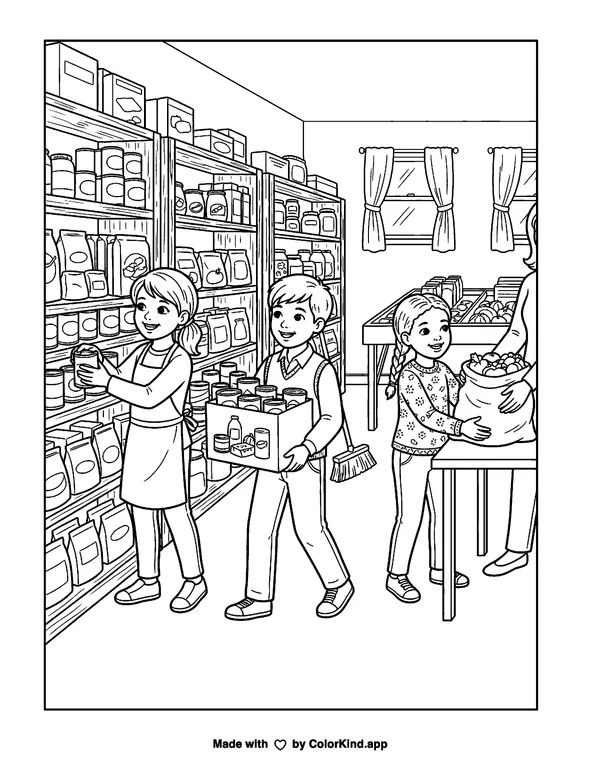 Children helping at a food pantry, scene 7 as clean black-and-white printable line art made by ColorKind