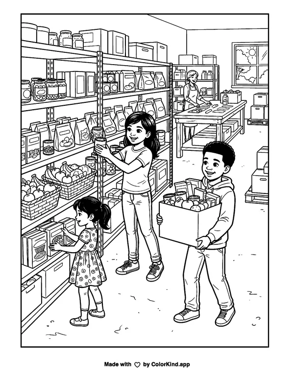 Children helping at a food pantry, scene 8 as clean black-and-white printable line art made by ColorKind