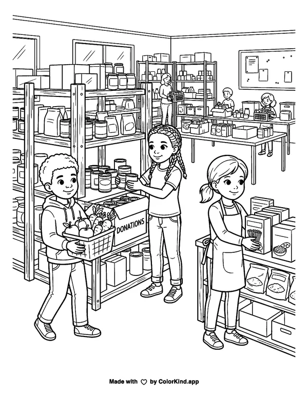 Children helping at a food pantry as clean black-and-white printable line art made by ColorKind