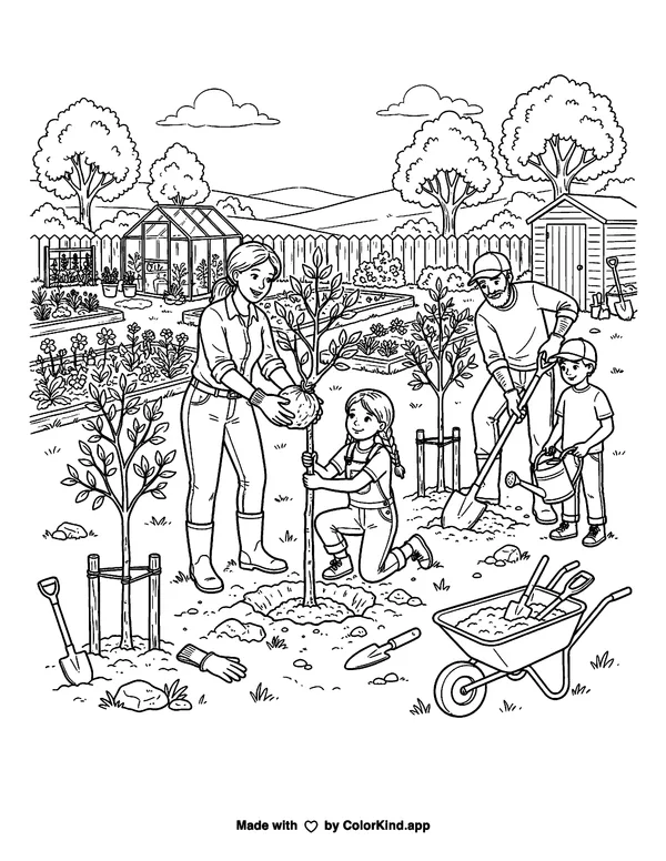 Community gardeners planting young trees, scene 3 as clean black-and-white printable line art made by ColorKind