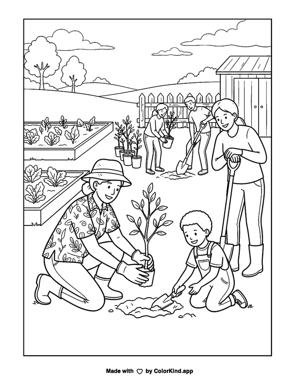 Community gardeners planting young trees, scene 4 as clean black-and-white printable line art made by ColorKind