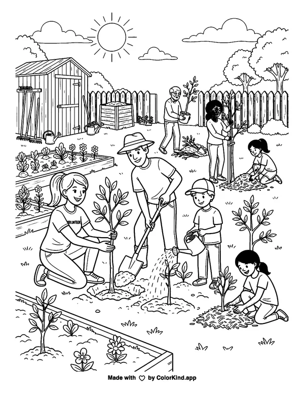 Community gardeners planting young trees, scene 5 as clean black-and-white printable line art made by ColorKind