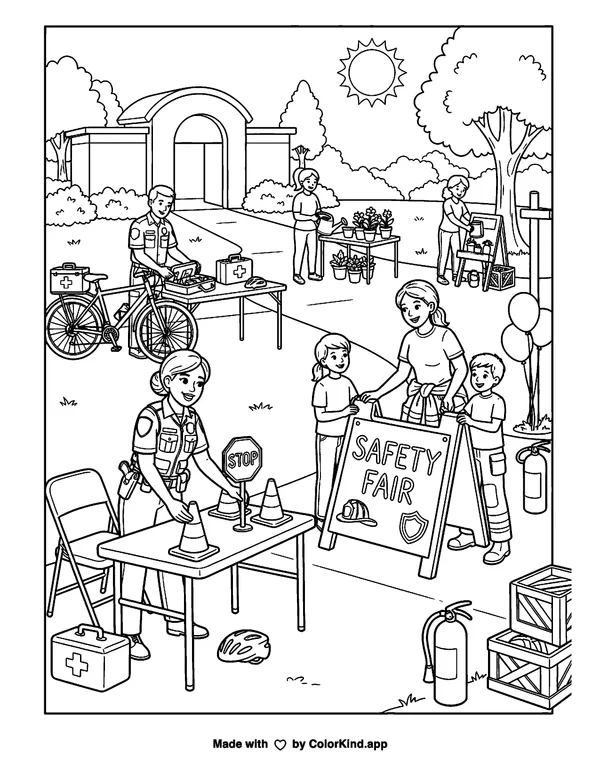 Community helpers preparing for a safety fair, scene 10 as clean black-and-white printable line art made by ColorKind