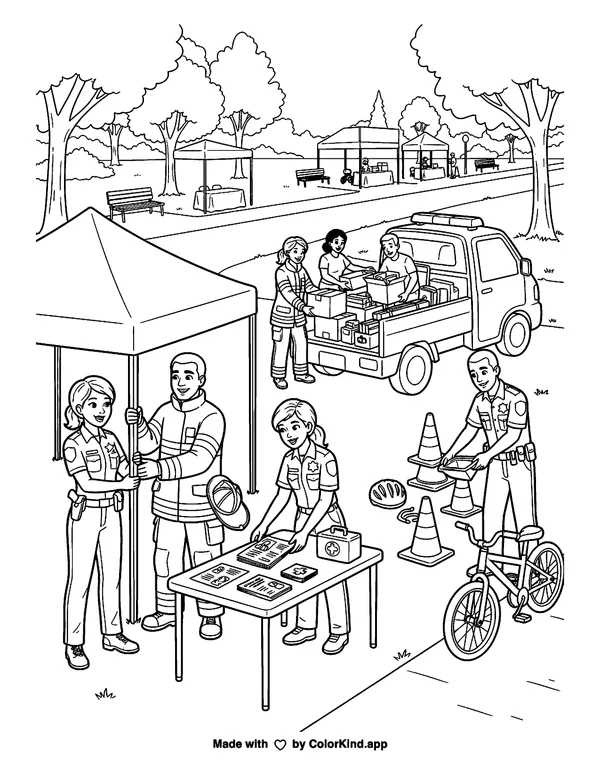 Community helpers preparing for a safety fair, scene 11 as clean black-and-white printable line art made by ColorKind