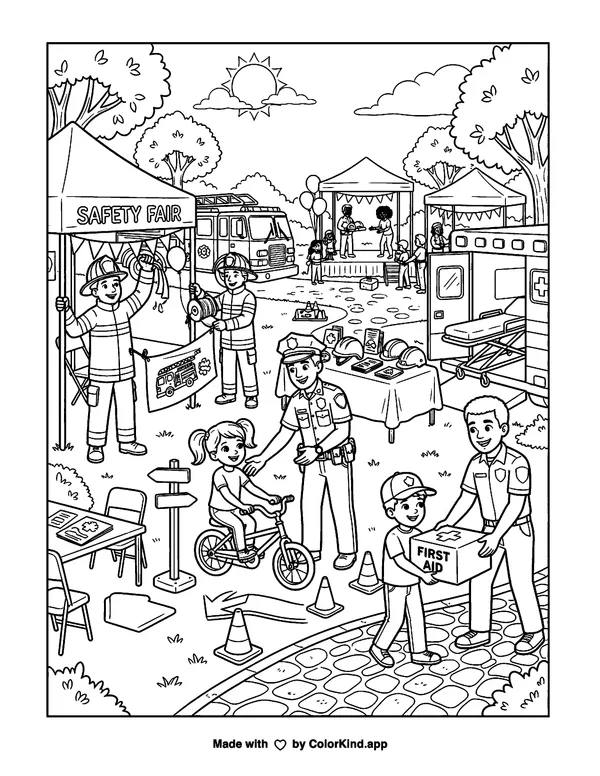 Community helpers preparing for a safety fair, scene 3 as clean black-and-white printable line art made by ColorKind