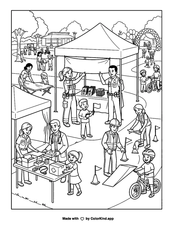 Community helpers preparing for a safety fair, scene 4 as clean black-and-white printable line art made by ColorKind
