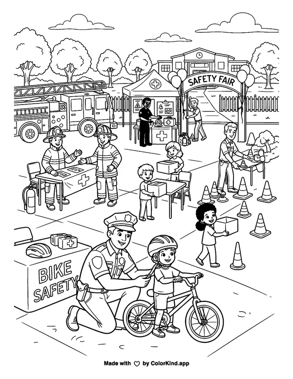 Community helpers preparing for a safety fair, scene 7 as clean black-and-white printable line art made by ColorKind