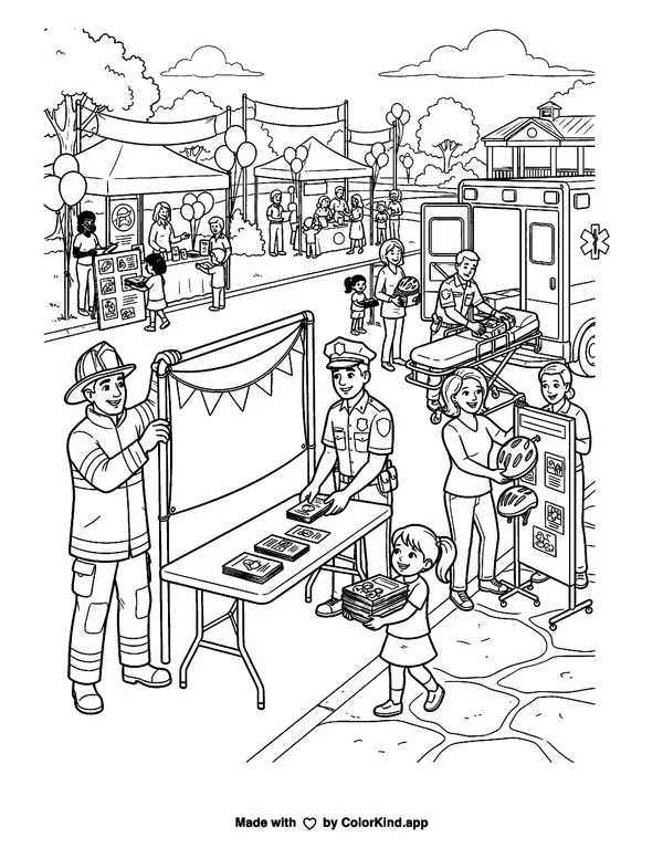 Community helpers preparing for a safety fair, scene 8 as clean black-and-white printable line art made by ColorKind