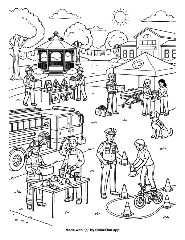 Community helpers preparing for a safety fair, scene 9 as clean black-and-white printable line art made by ColorKind