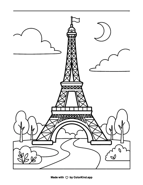 Eiffel Tower as clean black-and-white printable line art made by ColorKind
