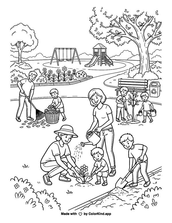 Families caring for a neighborhood park, scene 2 as clean black-and-white printable line art made by ColorKind