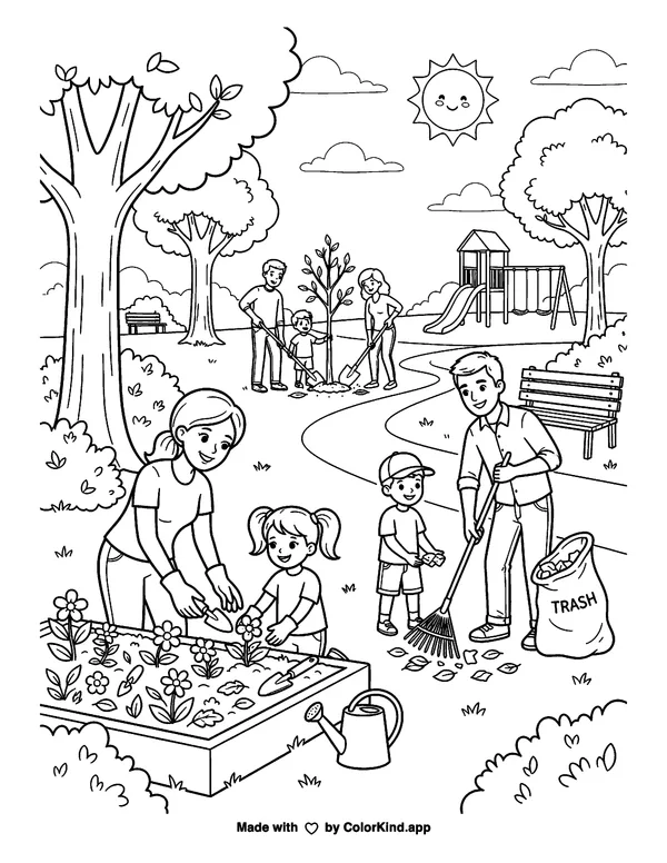 Families caring for a neighborhood park, scene 3 as clean black-and-white printable line art made by ColorKind