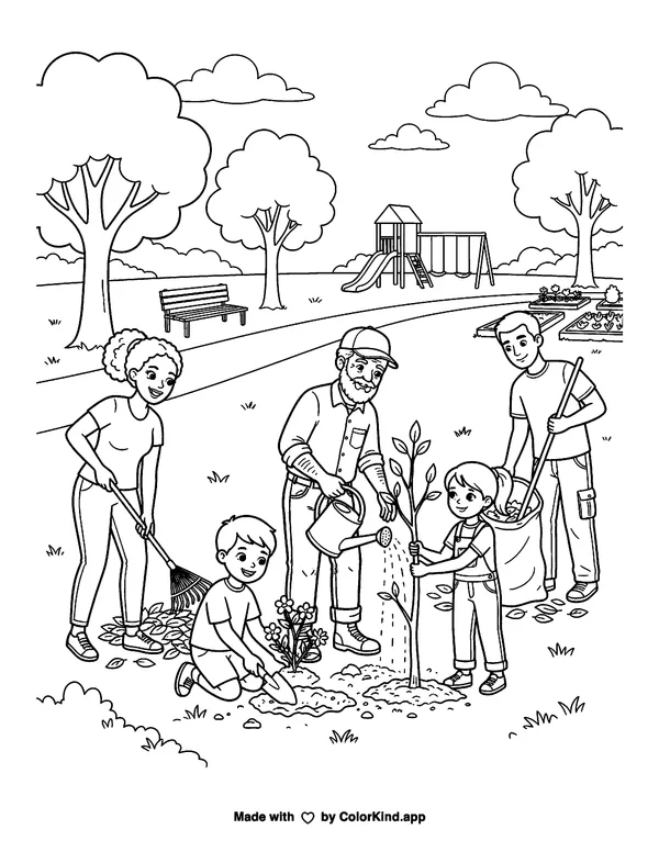 Families caring for a neighborhood park, scene 4 as clean black-and-white printable line art made by ColorKind