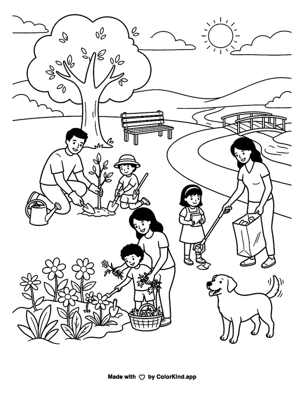 Families caring for a neighborhood park, scene 5 as clean black-and-white printable line art made by ColorKind