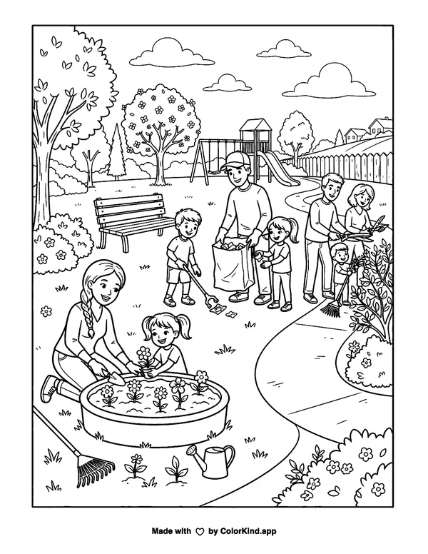 Families caring for a neighborhood park, scene 6 as clean black-and-white printable line art made by ColorKind