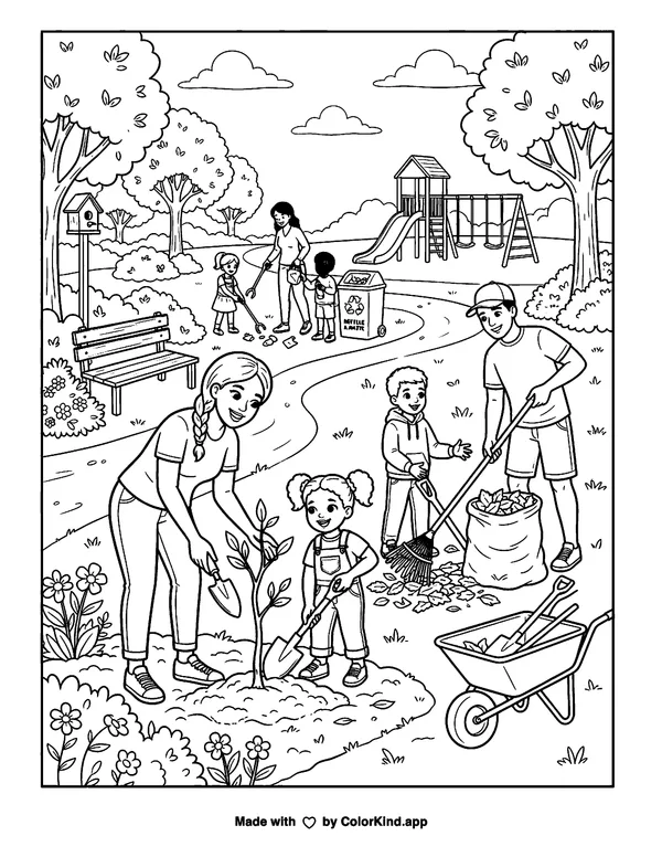 Families caring for a neighborhood park, scene 7 as clean black-and-white printable line art made by ColorKind
