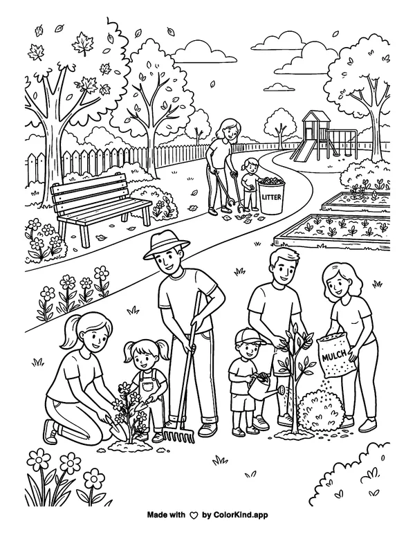 Families caring for a neighborhood park, scene 8 as clean black-and-white printable line art made by ColorKind