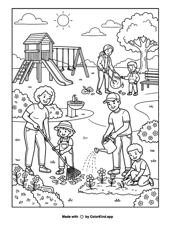 Families caring for a neighborhood park, scene 9 as clean black-and-white printable line art made by ColorKind