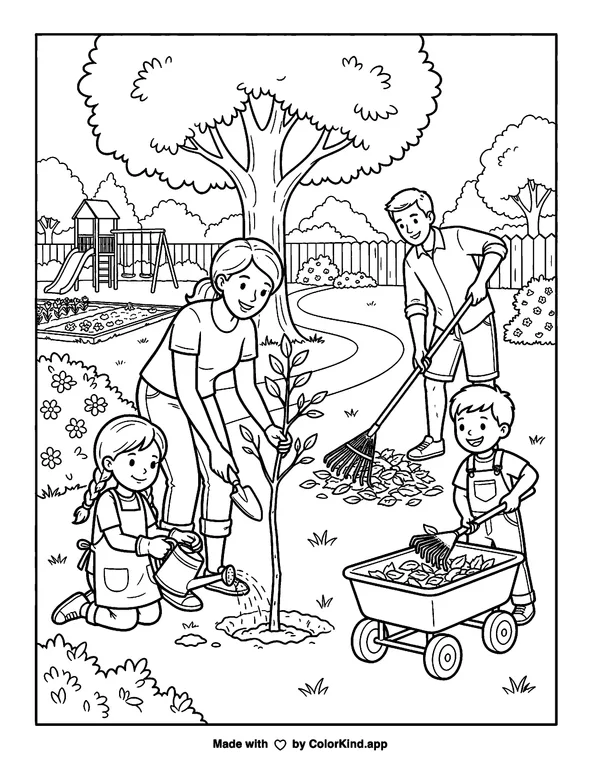 Families caring for a neighborhood park as clean black-and-white printable line art made by ColorKind