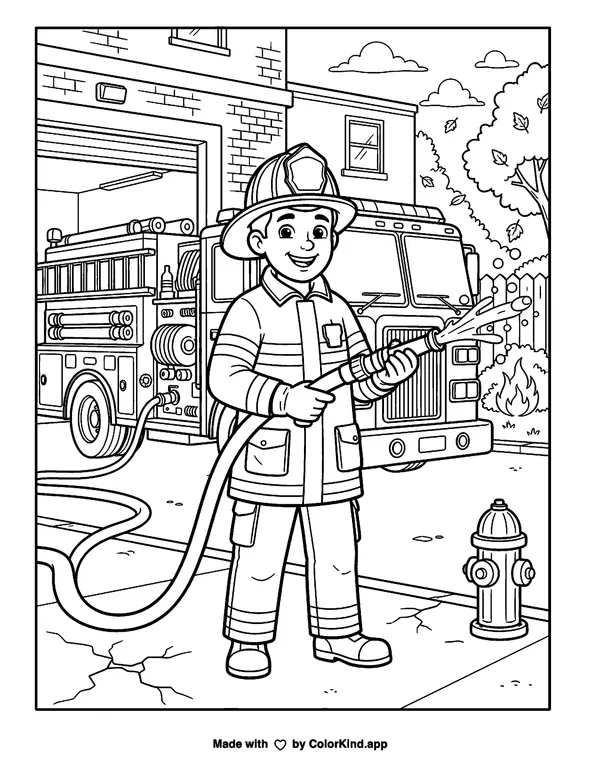 Firefighter as clean black-and-white printable line art made by ColorKind