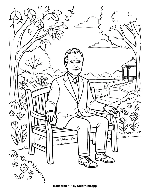 George HW Bush as clean black-and-white printable line art made by ColorKind
