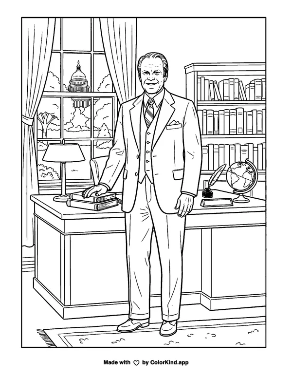 Gerald R Ford as clean black-and-white printable line art made by ColorKind