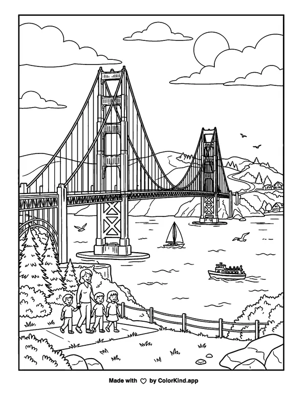 Golden Gate Bridge as clean black-and-white printable line art made by ColorKind