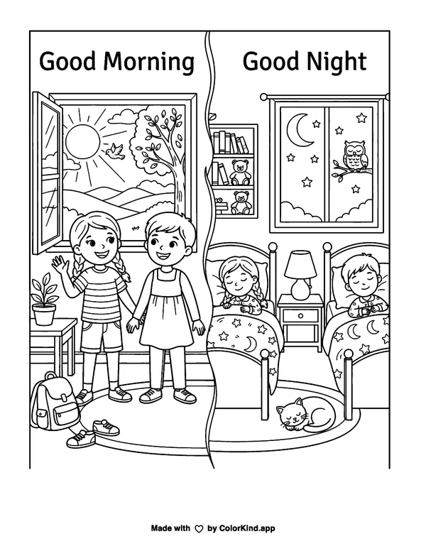 Good Morning, Good Night as clean black-and-white printable line art made by ColorKind